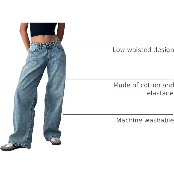 Women Y2K Low Rise Baggy Jeans Vintage Wide Leg Casual Denim Pants